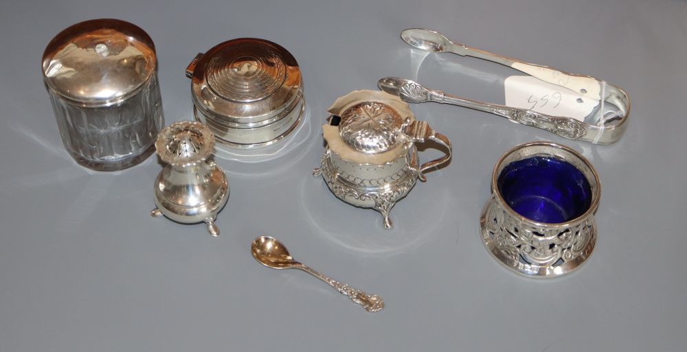 A George V silver dish ring salt, a silver trinket box, mustard, pepperpot, jar and tongs